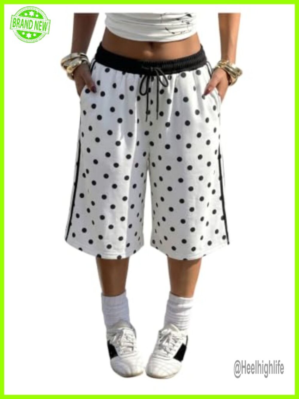 Women's Polka Dots Capri Sweatpants Wide Leg Baggy Drawstring Pockets